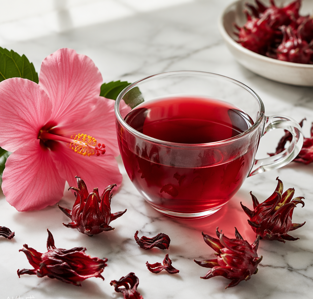 Glass cup of hibiscus tea with fresh hibiscus flower